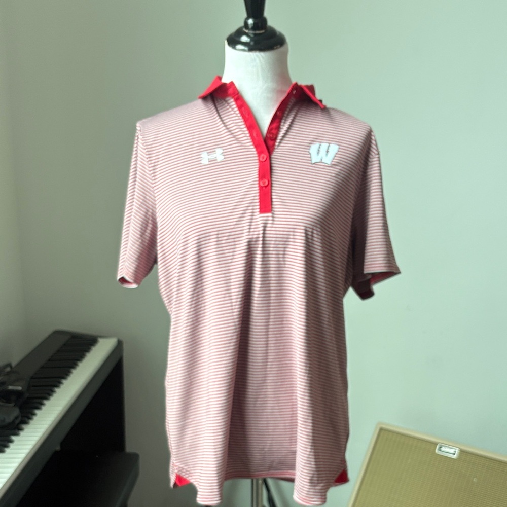 Under Armour women’s Red Striped Polo with Wisconsin W